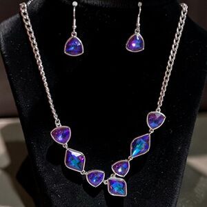 Iridescent Blue Purple Crystal Necklace Set Silver Tone Statement Jewelry